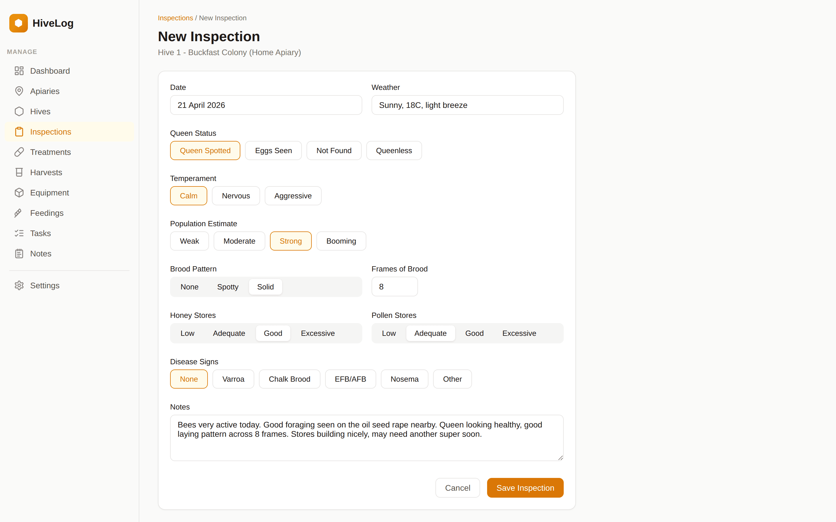 HiveLog inspection form showing queen status, temperament, population, brood pattern, stores, and disease tracking
